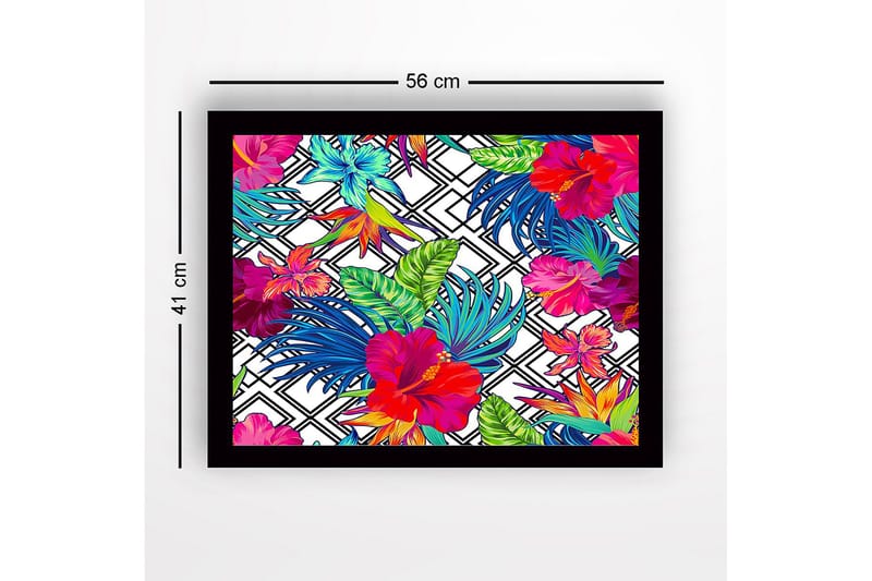 Inramad Canvastavla i trä - 41x56 cm - Färgrik tropisk blomsterdesign med hibiskusar och bladverk - Röd / Grön / Blå - Inredning - Tavlor & posters - Canvastavla
