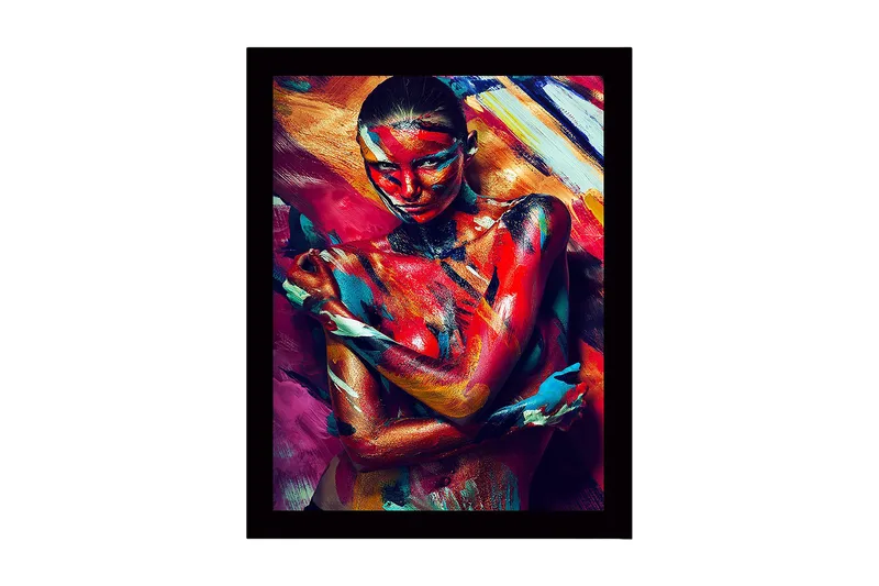 Inramad Canvastavla i trä - 41x56 cm - Färgstark kroppsmålning av en kvinna som uttrycker känslor genom rörelse och färg, Röd / Blå / Gul