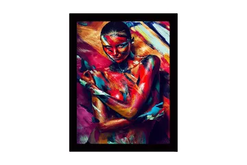 Inramad Canvastavla i trä - 41x56 cm - Färgstark kroppsmålning av en kvinna som uttrycker känslor genom rörelse och färg - Röd / Blå / Gul - Inredning - Tavlor & posters - Canvastavla