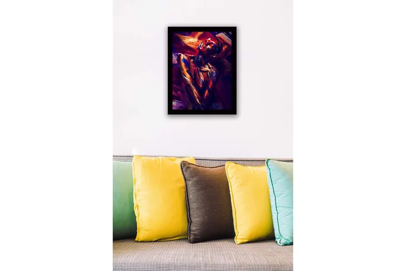 Inramad Canvastavla i trä - 41x56 cm - Färgstark porträtt av en naken modell med abstrakt kroppsmålning - Mörkröd / Blå / Guld - Inredning - Tavlor & posters - Canvastavla