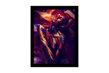 Inramad Canvastavla i trä - 41x56 cm - Färgstark porträtt av en naken modell med abstrakt kroppsmålning - Mörkröd / Blå / Guld - Inredning - Tavlor & posters - Canvastavla
