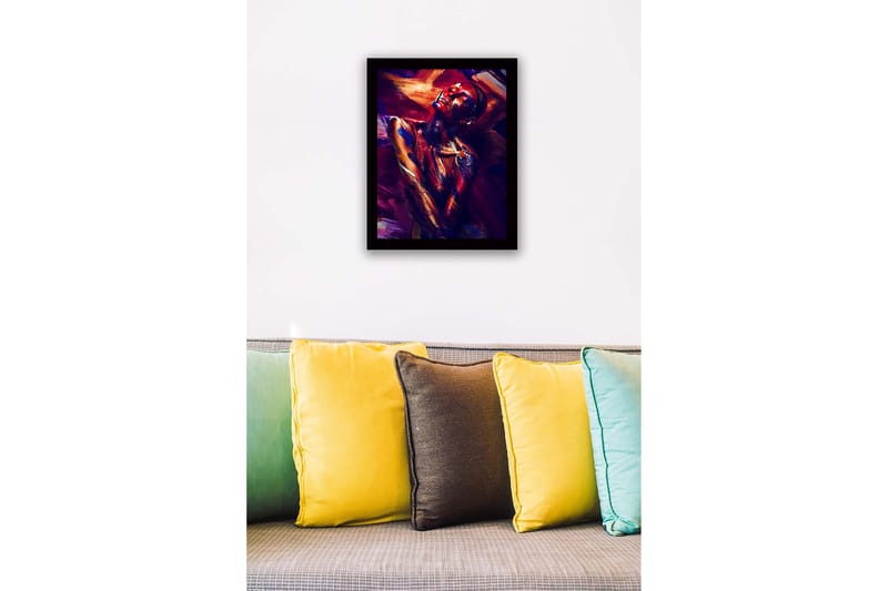 Inramad Canvastavla i trä - 41x56 cm - Färgstark porträtt av en naken modell med abstrakt kroppsmålning - Mörkröd / Blå / Guld - Inredning - Tavlor & posters - Canvastavla