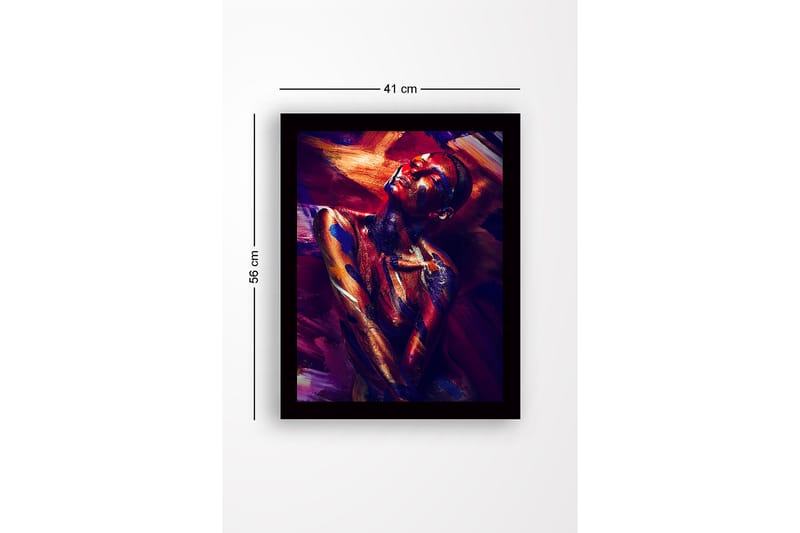 Inramad Canvastavla i trä - 41x56 cm - Färgstark porträtt av en naken modell med abstrakt kroppsmålning - Mörkröd / Blå / Guld - Inredning - Tavlor & posters - Canvastavla