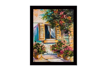Inramad Canvastavla i trä - 41x56 cm - Fönster med blomsterkrukor i en solig miljö - Grön / Rosa / Gul - Inredning - Tavlor & posters - Canvastavla