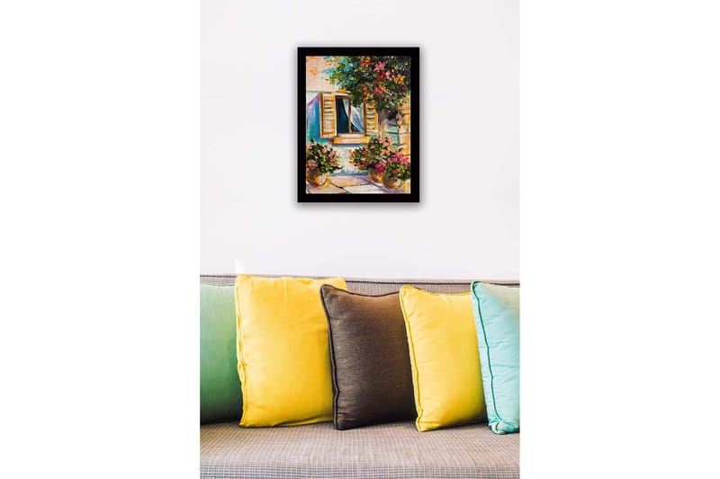 Inramad Canvastavla i trä - 41x56 cm - Fönster med blomsterkrukor i en solig miljö - Grön / Rosa / Gul - Inredning - Tavlor & posters - Canvastavla