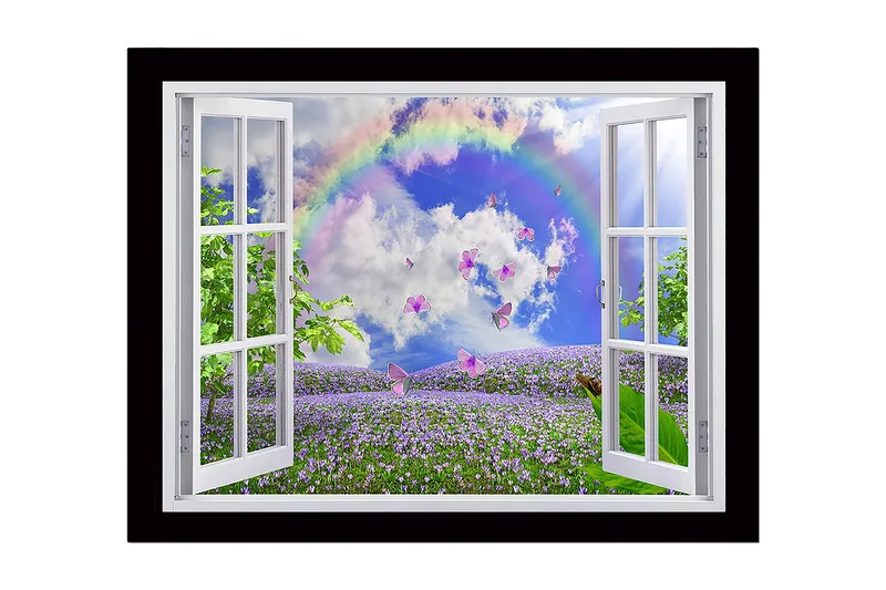 Inramad Canvastavla i trä - 41x56 cm - Fönsterutsikt över en blomstrande äng med fjärilar och en regnbåge, Lila / Grön / Blå