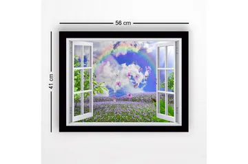 Inramad Canvastavla i trä - 41x56 cm - Fönsterutsikt över en blomstrande äng med fjärilar och en regnbåge - Lila / Grön / Blå - Inredning - Tavlor & posters - Canvastavla