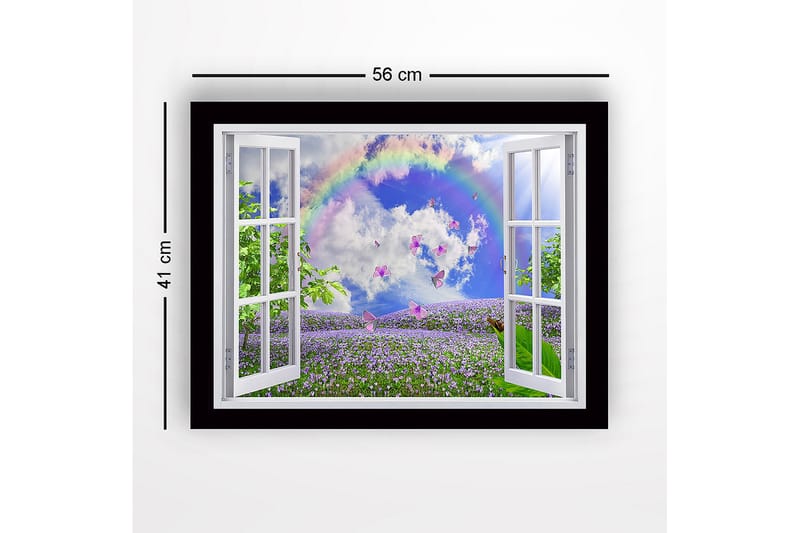 Inramad Canvastavla i trä - 41x56 cm - Fönsterutsikt över en blomstrande äng med fjärilar och en regnbåge - Lila / Grön / Blå - Inredning - Tavlor & posters - Canvastavla