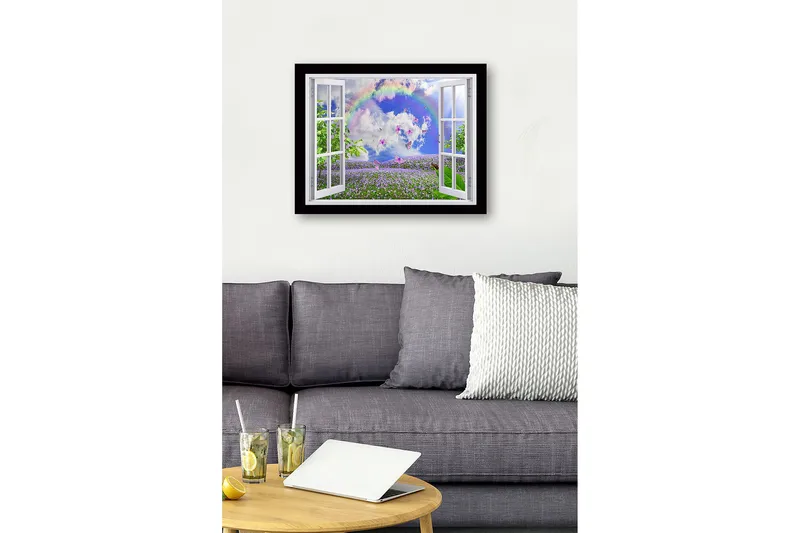 Inramad Canvastavla i trä - 41x56 cm - Fönsterutsikt över en blomstrande äng med fjärilar och en regnbåge - Lila / Grön / Blå - Inredning - Tavlor & posters - Canvastavla