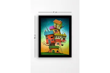 Inramad Canvastavla i trä - 41x56 cm - Fantasifull byggnad med flera färgglada hus staplade på varandra - Röd / Grön / Blå - Inredning - Tavlor & posters - Canvastavla