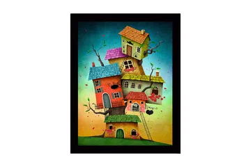 Inramad Canvastavla i trä - 41x56 cm - Fantasifull byggnad med flera färgglada hus staplade på varandra - Röd / Grön / Blå - Inredning - Tavlor & posters - Canvastavla