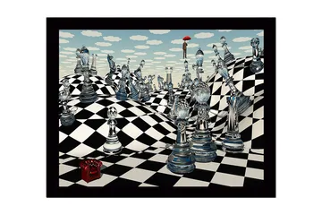 Inramad Canvastavla i trä - 41x56 cm - Fantasifull schacklandskap med genomskinliga schackpjäser och en figur med ett paraply - Blå / Svart / Vit - Inredning - Tavlor & posters - Canvastavla