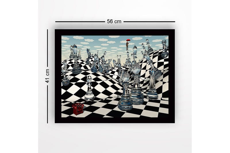 Inramad Canvastavla i trä - 41x56 cm - Fantasifull schacklandskap med genomskinliga schackpjäser och en figur med ett paraply - Blå / Svart / Vit - Inredning - Tavlor & posters - Canvastavla