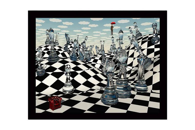 Inramad Canvastavla i trä - 41x56 cm - Fantasifull schacklandskap med genomskinliga schackpjäser och en figur med ett paraply, Blå / Svart / Vit
