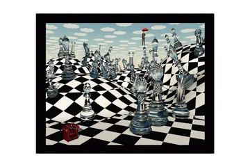 Inramad Canvastavla i trä - 41x56 cm - Fantasifull schacklandskap med genomskinliga schackpjäser och en figur med ett paraply - Blå / Svart / Vit - Inredning - Tavlor & posters - Canvastavla