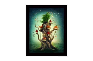 Inramad Canvastavla i trä - 41x56 cm - Fantasifullt träd med små hus och en grönskande krona - Grön / Brun / Röd - Inredning - Tavlor & posters - Canvastavla