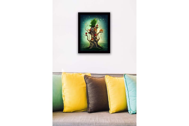 Inramad Canvastavla i trä - 41x56 cm - Fantasifullt träd med små hus och en grönskande krona - Grön / Brun / Röd - Inredning - Tavlor & posters - Canvastavla