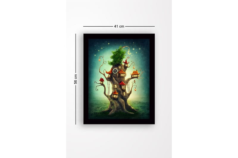 Inramad Canvastavla i trä - 41x56 cm - Fantasifullt träd med små hus och en grönskande krona - Grön / Brun / Röd - Inredning - Tavlor & posters - Canvastavla