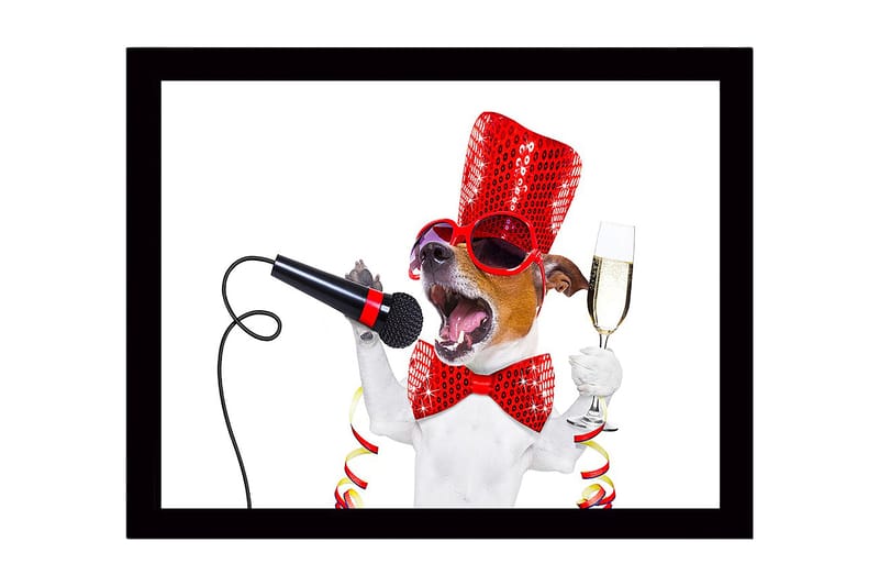 Inramad Canvastavla i trä - 41x56 cm - Festlig hund med mikrofon och champagneglas, Röd / Svart / Vit