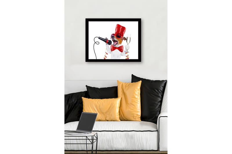 Inramad Canvastavla i trä - 41x56 cm - Festlig hund med mikrofon och champagneglas - Röd / Svart / Vit - Inredning - Tavlor & posters - Canvastavla