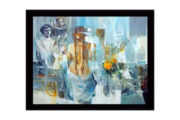 Inramad Canvastavla i trä - 41x56 cm - Figurativ komposition med en kvinna som vänder ryggen mot betraktaren och två barn i bakgrunden - Blå / Orange / Grå - Inredning - Tavlor & posters - Canvastavla