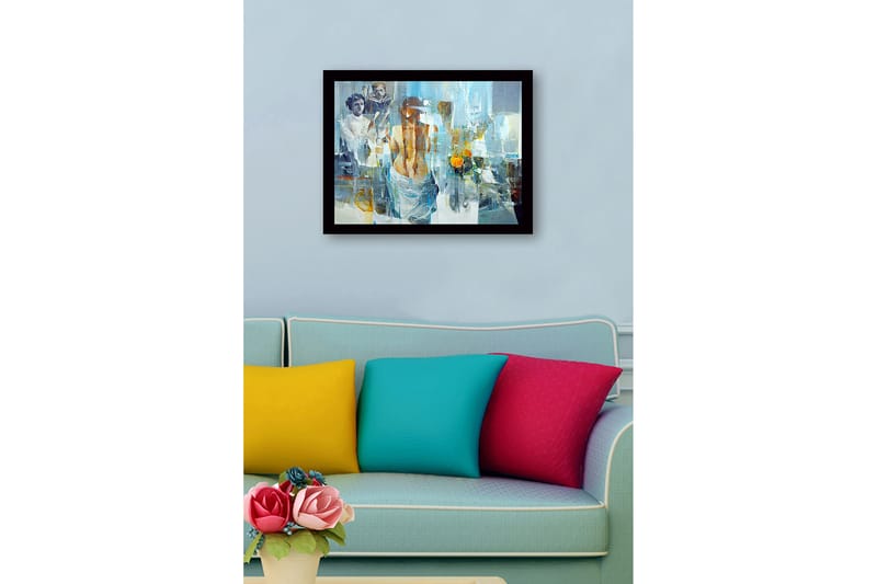 Inramad Canvastavla i trä - 41x56 cm - Figurativ komposition med en kvinna som vänder ryggen mot betraktaren och två barn i bakgrunden - Blå / Orange / Grå - Inredning - Tavlor & posters - Canvastavla