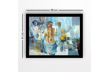 Inramad Canvastavla i trä - 41x56 cm - Figurativ komposition med en kvinna som vänder ryggen mot betraktaren och två barn i bakgrunden - Blå / Orange / Grå - Inredning - Tavlor & posters - Canvastavla