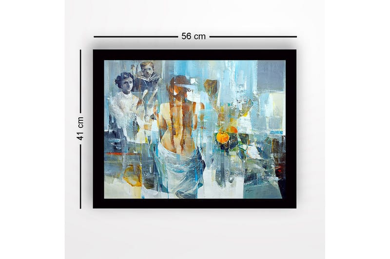 Inramad Canvastavla i trä - 41x56 cm - Figurativ komposition med en kvinna som vänder ryggen mot betraktaren och två barn i bakgrunden - Blå / Orange / Grå - Inredning - Tavlor & posters - Canvastavla