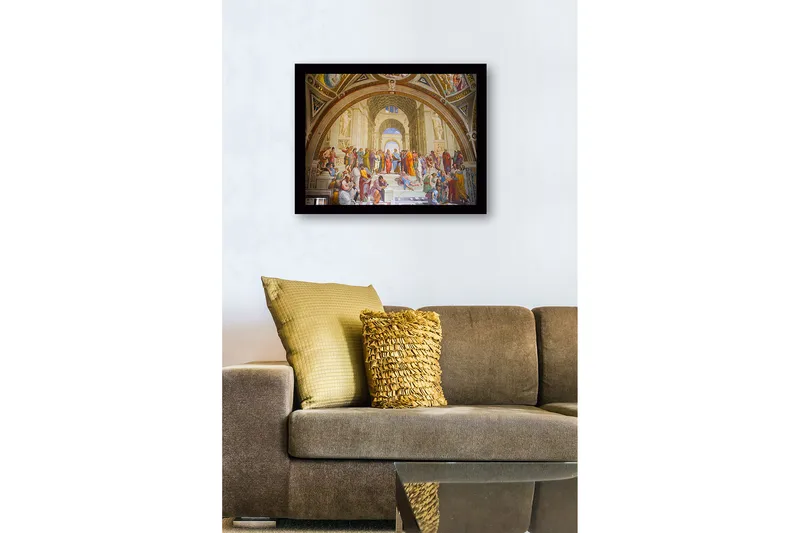 Inramad Canvastavla i trä - 41x56 cm - Filosofisk samling av tänkare i en stor arkitektonisk miljö - Blå / Beige / Röd - Inredning - Tavlor & posters - Canvastavla