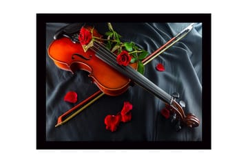 Inramad Canvastavla i trä - 41x56 cm - Fiol omgiven av röda rosor och rosenblad - Röd / Brun / Grön - Inredning - Tavlor & posters - Canvastavla