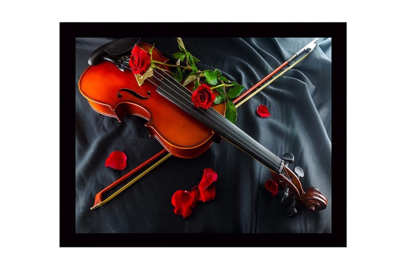 Inramad Canvastavla i trä - 41x56 cm - Fiol omgiven av röda rosor och rosenblad - Röd / Brun / Grön - Inredning - Tavlor & posters - Canvastavla