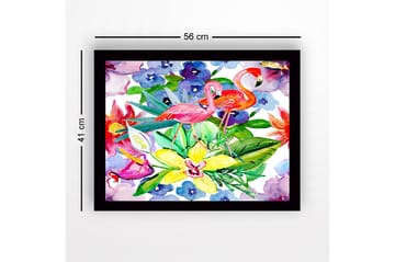 Inramad Canvastavla i trä - 41x56 cm - Flamingos bland färgglada blommor och gröna blad - Rosa / Grön / Gul - Inredning - Tavlor & posters - Canvastavla