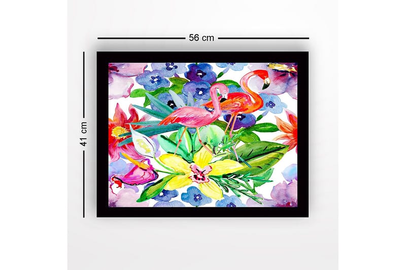 Inramad Canvastavla i trä - 41x56 cm - Flamingos bland färgglada blommor och gröna blad - Rosa / Grön / Gul - Inredning - Tavlor & posters - Canvastavla