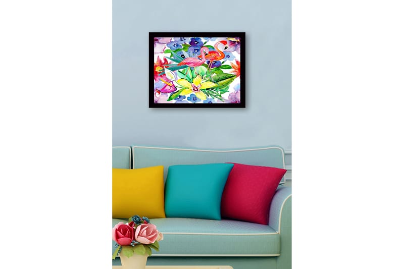 Inramad Canvastavla i trä - 41x56 cm - Flamingos bland färgglada blommor och gröna blad - Rosa / Grön / Gul - Inredning - Tavlor & posters - Canvastavla