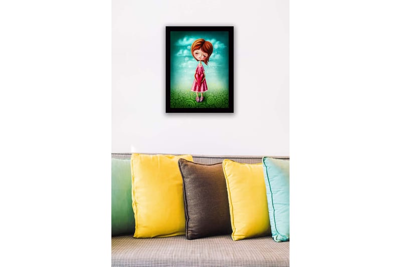 Inramad Canvastavla i trä - 41x56 cm - Flicka som håller ett hjärta i händerna - Turkos / Rosa / Grön - Inredning - Tavlor & posters - Canvastavla
