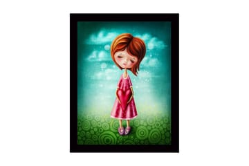Inramad Canvastavla i trä - 41x56 cm - Flicka som håller ett hjärta i händerna - Turkos / Rosa / Grön - Inredning - Tavlor & posters - Canvastavla