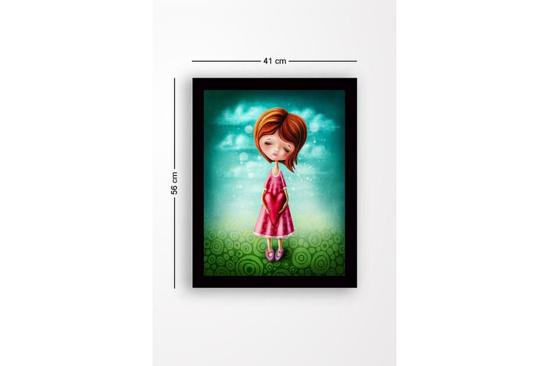 Inramad Canvastavla i trä - 41x56 cm - Flicka som håller ett hjärta i händerna - Turkos / Rosa / Grön - Inredning - Tavlor & posters - Canvastavla