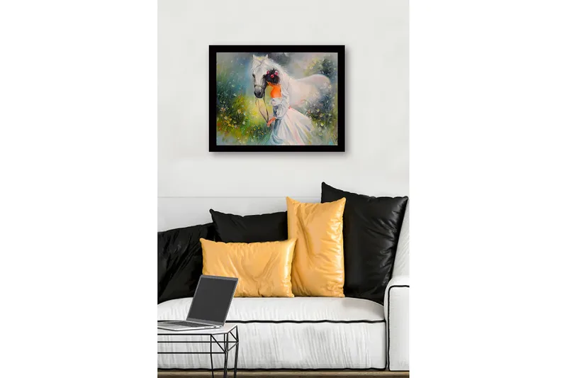Inramad Canvastavla i trä - 41x56 cm - Flicka som leder en vit häst i en blomstrande äng - Vit / Grön / Orange - Inredning - Tavlor & posters - Canvastavla