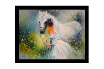 Inramad Canvastavla i trä - 41x56 cm - Flicka som leder en vit häst i en blomstrande äng - Vit / Grön / Orange - Inredning - Tavlor & posters - Canvastavla