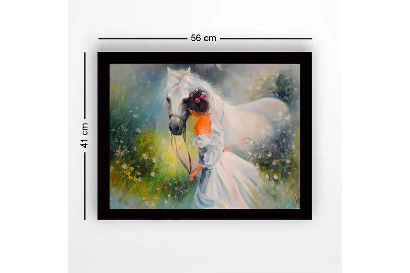 Inramad Canvastavla i trä - 41x56 cm - Flicka som leder en vit häst i en blomstrande äng - Vit / Grön / Orange - Inredning - Tavlor & posters - Canvastavla