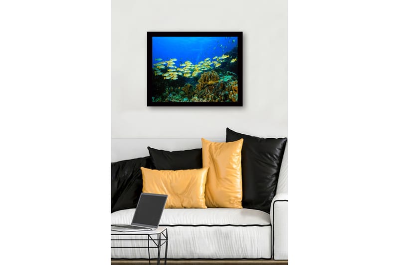 Inramad Canvastavla i trä - 41x56 cm - Flock av färgglada fiskar simmande i ett korallrev - Blå / Gul / Grön - Inredning - Tavlor & posters - Canvastavla