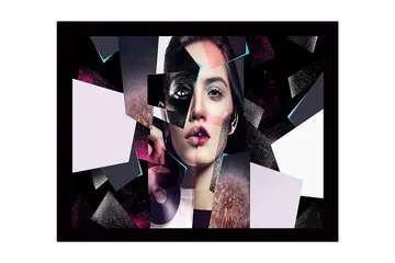 Inramad Canvastavla i trä - 41x56 cm - Fragmenterad porträtt av en kvinna med geometriska former - Svart / Rosa / Ljusblå - Inredning - Tavlor & posters - Canvastavla