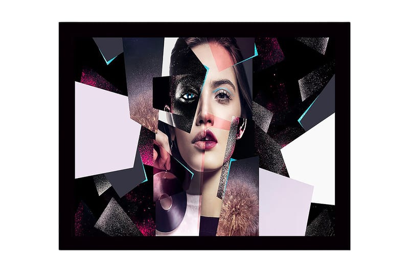 Inramad Canvastavla i trä - 41x56 cm - Fragmenterad porträtt av en kvinna med geometriska former, Svart / Rosa / Ljusblå