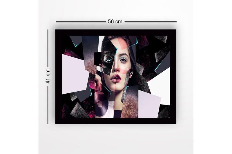 Inramad Canvastavla i trä - 41x56 cm - Fragmenterad porträtt av en kvinna med geometriska former - Svart / Rosa / Ljusblå - Inredning - Tavlor & posters - Canvastavla