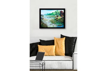 Inramad Canvastavla i trä - 41x56 cm - Fridfull sjölandskap med näckrosor och omgivande grönska - Grön / Blå / Rosa - Inredning - Tavlor & posters - Canvastavla