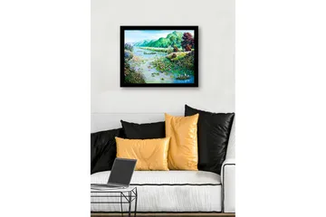 Inramad Canvastavla i trä - 41x56 cm - Fridfull sjölandskap med näckrosor och omgivande grönska - Grön / Blå / Rosa - Inredning - Tavlor & posters - Canvastavla