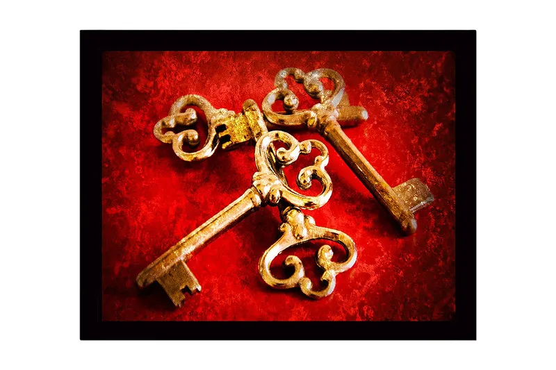 Inramad Canvastavla i trä - 41x56 cm - Gamla nycklar med intrikata mönster på en röd bakgrund, Röd / Guld