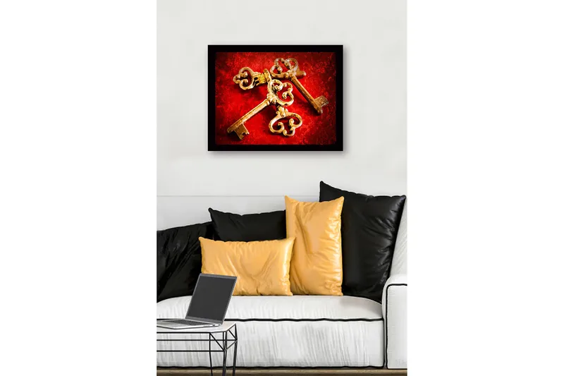 Inramad Canvastavla i trä - 41x56 cm - Gamla nycklar med intrikata mönster på en röd bakgrund - Röd / Guld - Inredning - Tavlor & posters - Canvastavla