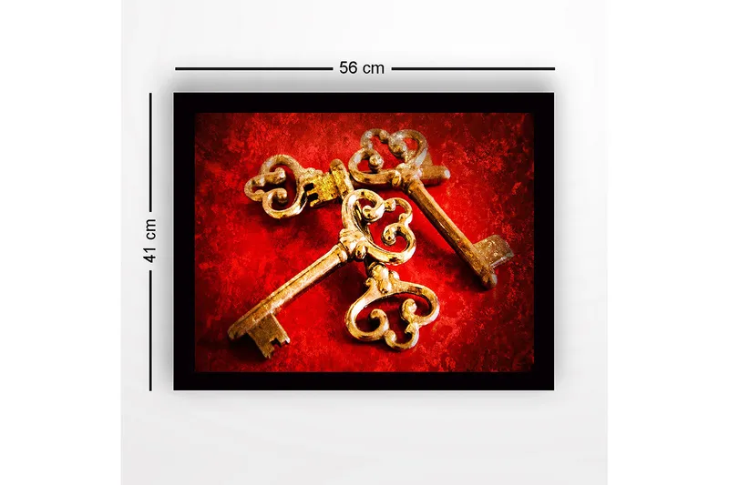 Inramad Canvastavla i trä - 41x56 cm - Gamla nycklar med intrikata mönster på en röd bakgrund - Röd / Guld - Inredning - Tavlor & posters - Canvastavla