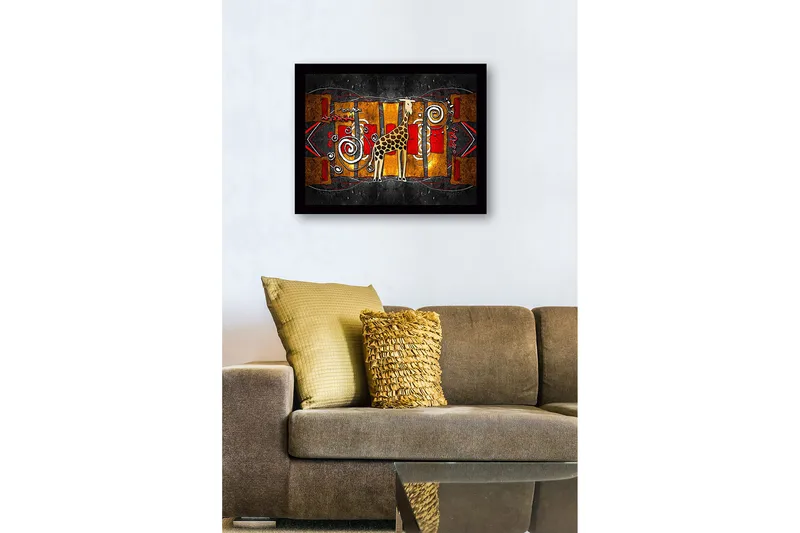 Inramad Canvastavla i trä - 41x56 cm - Giraff i en färgglad, abstrakt komposition - Guld / Röd / Svart - Inredning - Tavlor & posters - Canvastavla